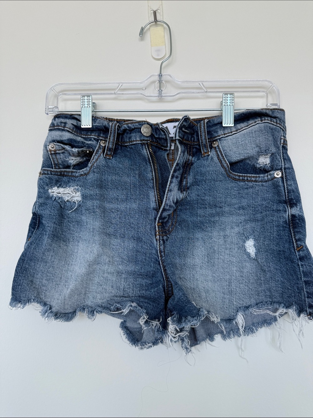 Distressed High-Rise Denim Shorts in Blue